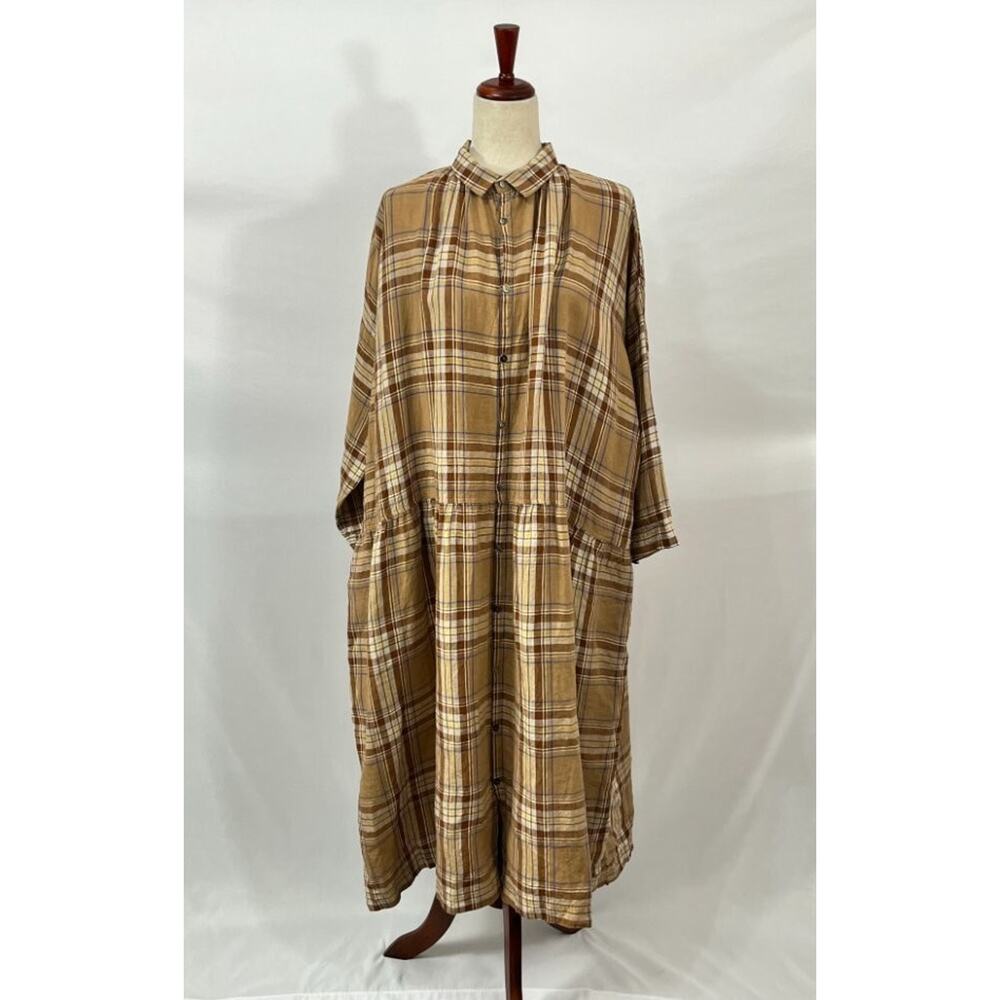 ICHI ANTIQUITES OS L XL 100% Linen Tartan Plaid Midi Shirt Dress Oversize